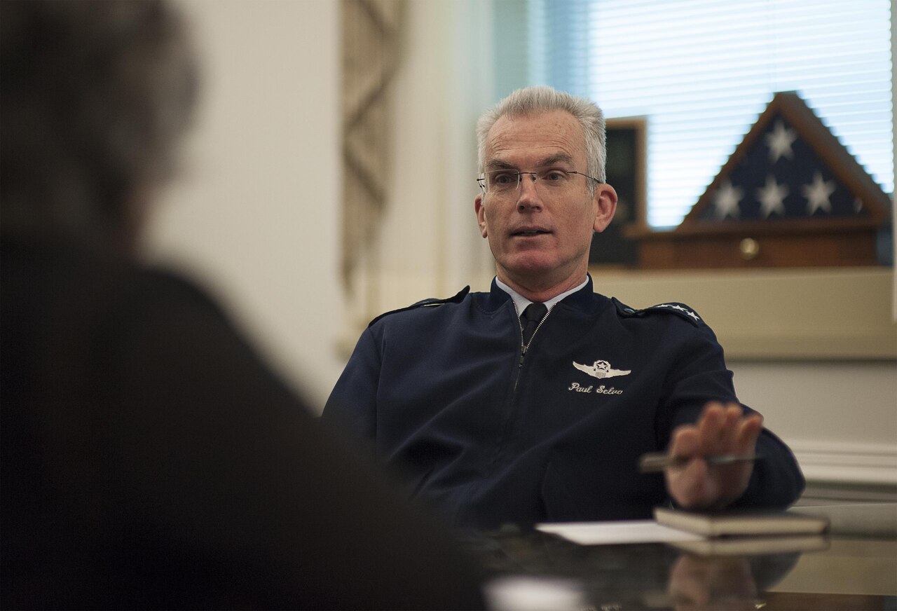 Air Force Gen. Paul J. Selva, vice chairman of the Joint Chiefs of Staff, speaks Dec. 29, 2015, about New Year's Eve phone calls with airmen on watch at the nation's three intercontinental ballistic missile bases. During the phone calls, Selva recognized the airmen for their professionalism and highlighted the importance of their roles in maintaining the safety, security and reliability of the nation's nuclear triad. U.S. Navy Petty Officer 2nd Class Dominique A. Pineiro