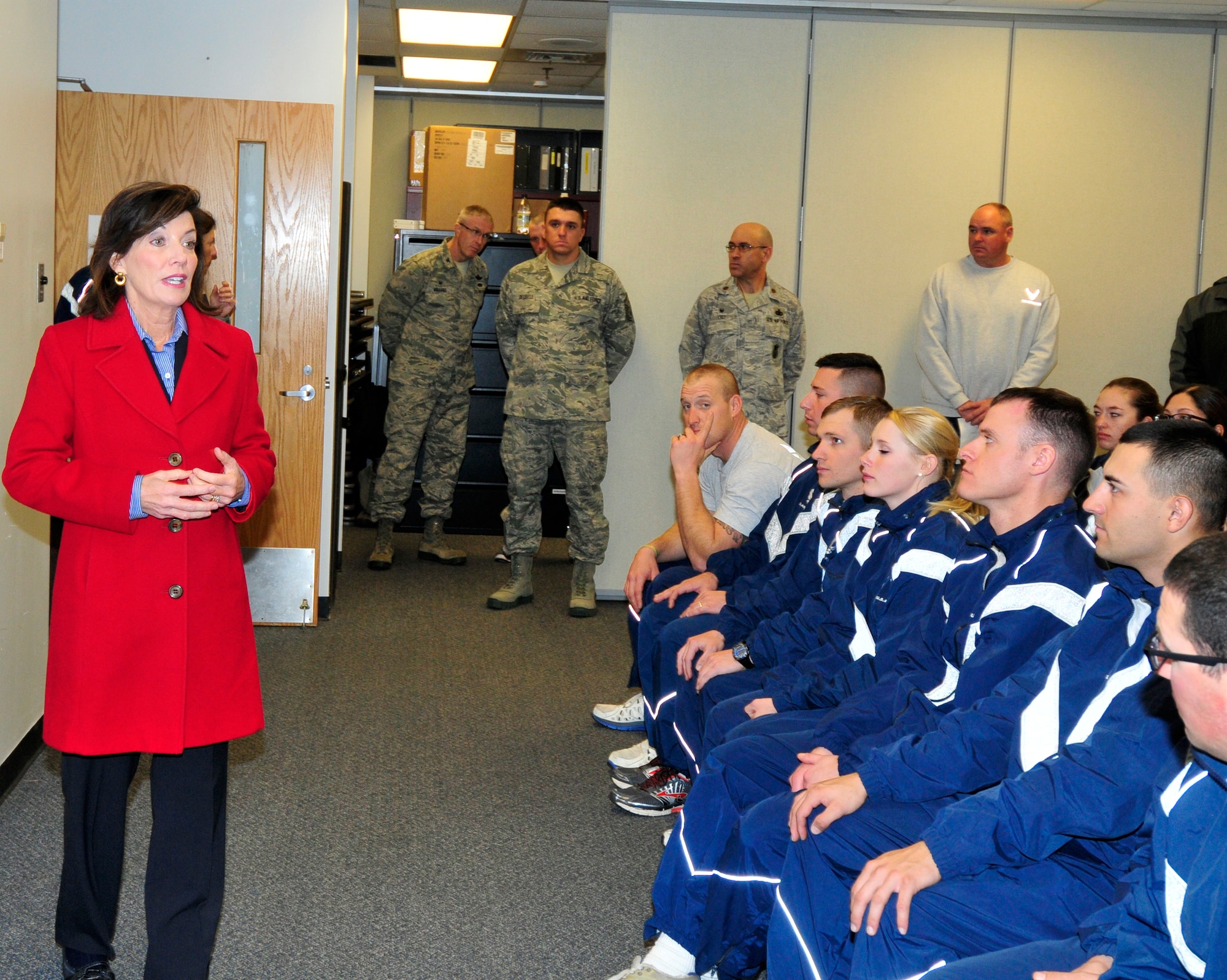 New York State Lt. Governor Kathy Hochul wishes a safe and Happy New Year to members of the 914th Airlift Wing Security Forces at the Niagara Falls Air Reserve Station, New York on December 31, 2015. Hochul stopped by to thank the troops for their service, some of whom will be deploying to Southwest Asia in the New Year. (U.S. Air Force photo by Peter Borys)