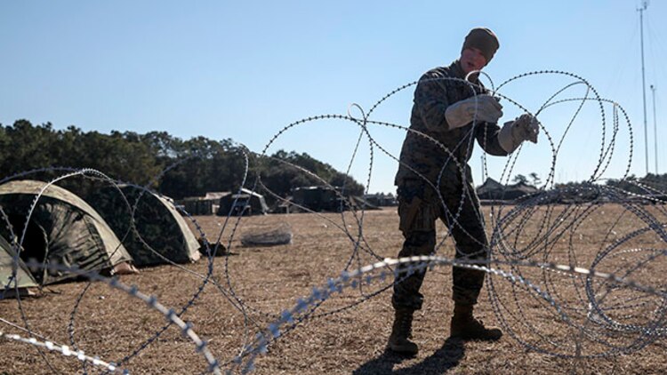 Lance Cpl. Dustin Perdue, an armorer with Headquarters Armory, 2nd Marine Division, takes down constantine-wire surrounding the armory in the command post exercise compound at Landing Zone Bluebird on Marine Corps Base Camp Lejeune, N.C., Jan. 28, 2015.  Perdue was one of the Marines guarding the armory during the CPX and used two rows of C-Wire to circle the armory.  (U.S. Marine Corps photo taken by Lance Cpl. Alexander Mitchell/released)