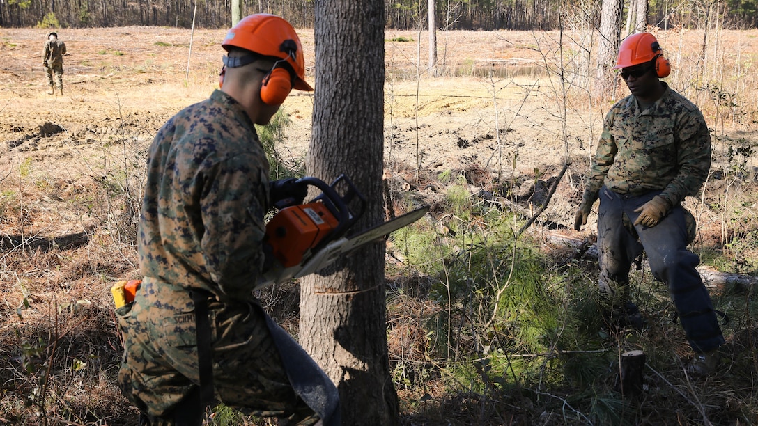 Master Sgt. Richard Thomas, operations chief with Engineer Company, Marine Wing Support Squadron 274, instructs one of his Marines on the proper procedures for felling a tree with a chainsaw, Jan. 28, 2015. The MWSS-274 engineers were clearing and preparing an undeveloped piece of land aboard Marine Corps Air Station New River for a forward arming and refueling point to be utilized as a future training area.