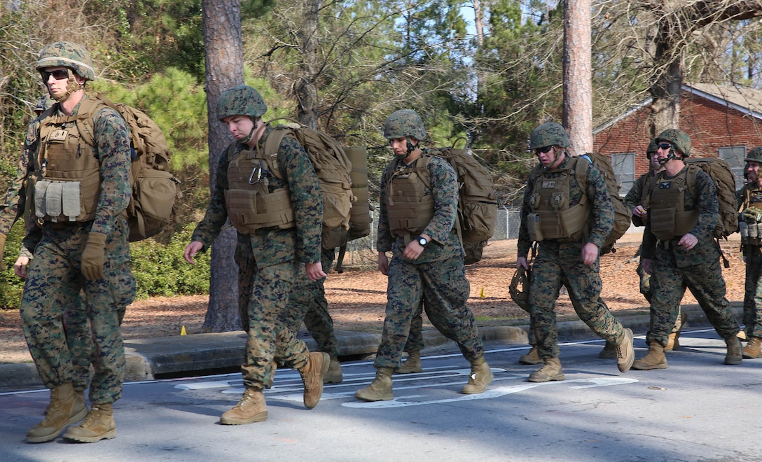 U.S. Marines with the 22nd Marine Expeditionary Unit march in a five-mile unit hike at Marine Corps Base Camp Lejeune, N.C., Jan. 30, 2015. The unit conducted the hike to maintain unit readiness and build morale. (U.S. Marine Corps photo by Cpl. Caleb McDonald/Released)