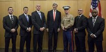 Det Geneva during a recent VIP visit by Sec State.  From right to left:  Cpl Haag, Cpl Sorensen, SSgt Rohn, The Honorable John Kerry, Sgt Macejko, Sgt  Marin, Sgt Young.