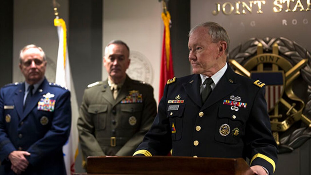 Chairman of the Joint Chiefs of Staff Army Gen. Martin Dempsy gives opening remarks during the signing of the "28-star" Letter at the Pentagon, Feb. 2, 2015.  The letter challenges transitioning service members to continue serving their community and encouraged greater involvement between veterans and the public.  (U.S. Marine Corps photo by Lance Cpl. Remington Hall/released)