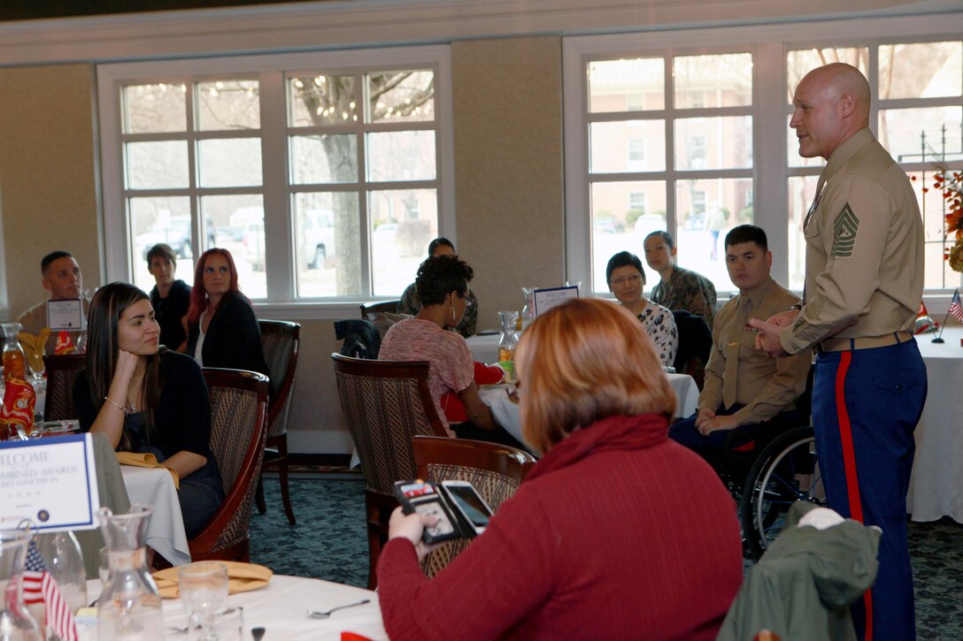 Sgt. Maj. Micheal P. Barrett, the 17th Sergeant Major of the Marine Corps, addresses the award recipients and their families prior to the 2014 Combined Awards Ceremony at the Clubs of Quantico in Quantico, Va., Jan. 29, 2014. (U.S. Marine Corps photo by Sgt. Marionne T. Mangrum)