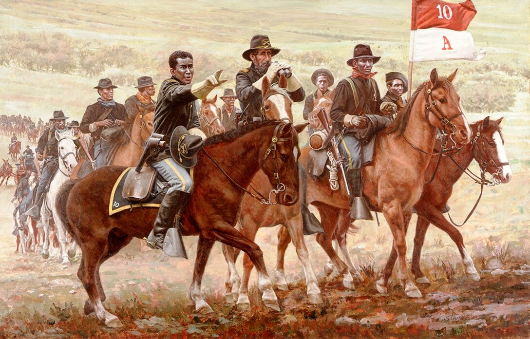 The Buffalo Soldiers from A Company, 10th  U.S. Cavalry regroup to move out after battle.  Colonel Benjamin H. Grierson issues orders to Lieutenant Henry O. Flipper, the first black graduate of the U.S. Military Academy at West Point,  to keep the Chiricahua Apache renegade Victorio bottled up near the Rio Grande. (Photo courtesy www.donstivers.com) 












