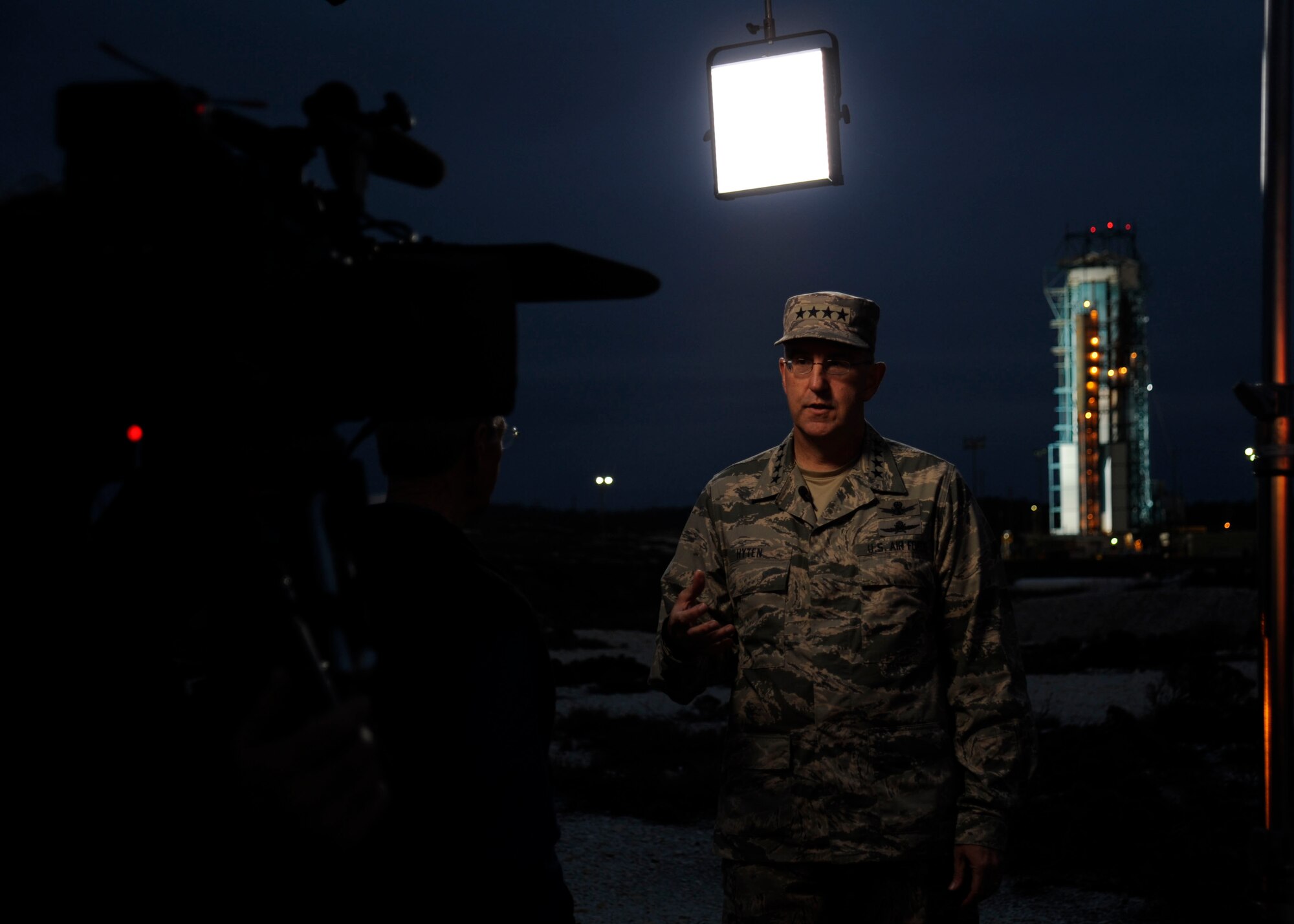 Gen. John Hyten, commander, Air Force Space Command, is interviewed by a 60 Minutes television crew in front of Space Launch Complex-2, Jan. 28, 2015, Vandenberg Air Force Base, Calif. Hyten was interviewed as part of a 60 Minute special highlighting AFSPC capabilities. (U.S. Air Force photo by Airman 1st Class Ian Dudley/Released)