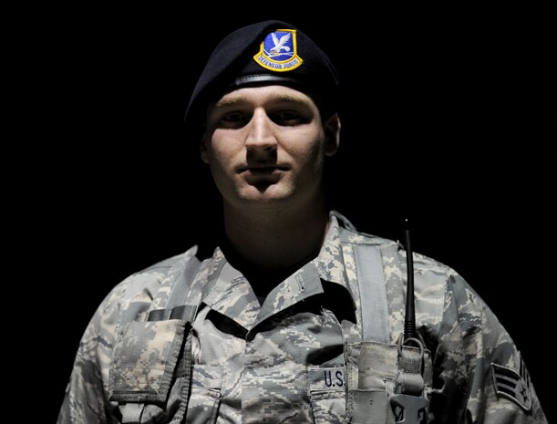 Senior Airman Richard Lubben, 9th Security Forces Squadron, poses at a gate entrance at Beale Air Force Base, Calif., Jan. 15, 2015. (U.S. Air Force photo by Staff Sgt. Robert M. Trujillo/Released)

