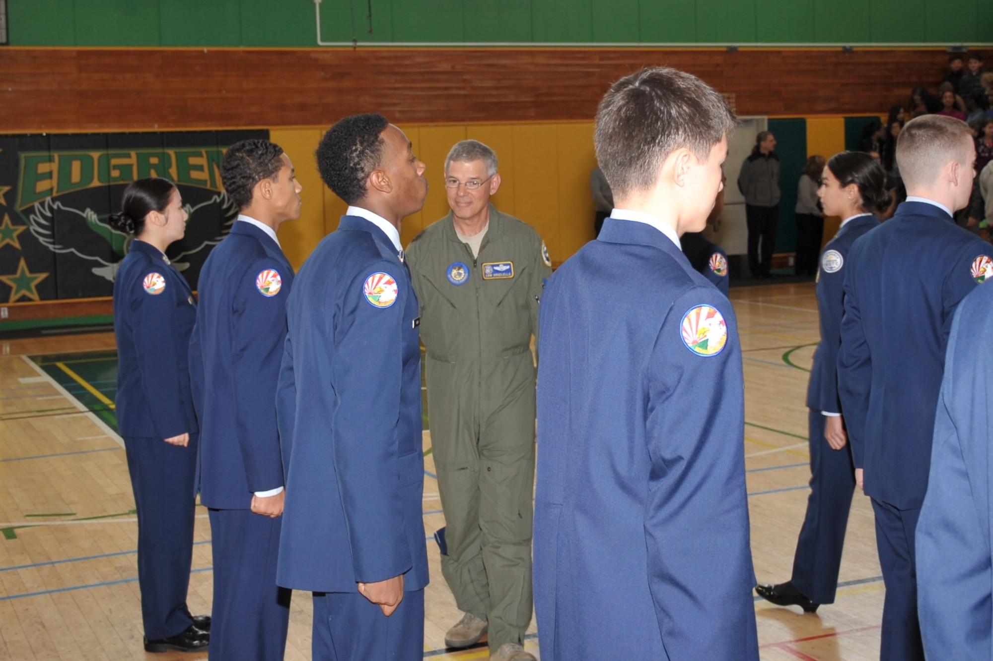 Lt. Gen. Salvatore Angelella performs an open-ranks
inspection on Air Force JROTC cadets at Robert D. Edgren High School, Misawa
Air Base, Japan, Jan. 28, 2015. During his visit to the JROTC unit, the
general also provided comments to the school's faculty and student body and
was briefed on how the school integrates technology in the classroom.
Salvatore is the commander, U.S. Forces Japan, and commander, 5th Air Force,
Pacific Air Forces, Yokota AB, Japan. (Photo by AFJROTC Cadet Sydney Ellis)
