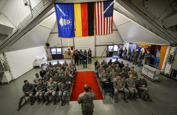 Col. Troy Dunn, 86th Mission Support Group commander, speaks during a base honor guard graduation ceremony at Ramstein Air Base, Germany, Jan. 30, 2015. The graduating honor guardsmen completed a week-long training class which taught them drill and ceremony procedures. (U.S. Air Force photo/Senior Airman Nicole Sikorski)