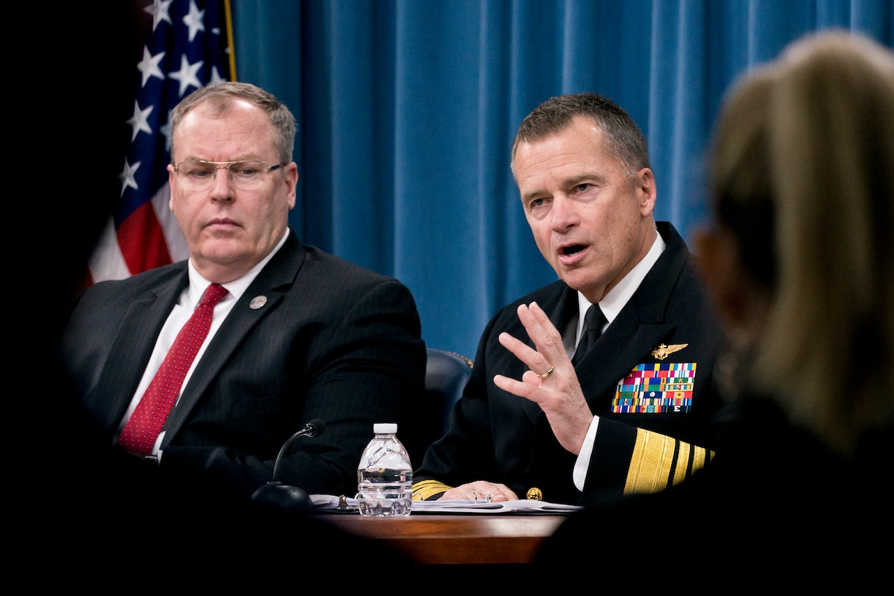 Navy Adm. James A. Winnefeld Jr., vice chairman of the Joint Chiefs of Staff, and Deputy Defense Secretary Bob Work discuss the president’s fiscal year 2016 budget request during a news conference at the Pentagon, Feb. 2, 2015. DoD photo by Army Staff Sgt. Sean K. Harp
