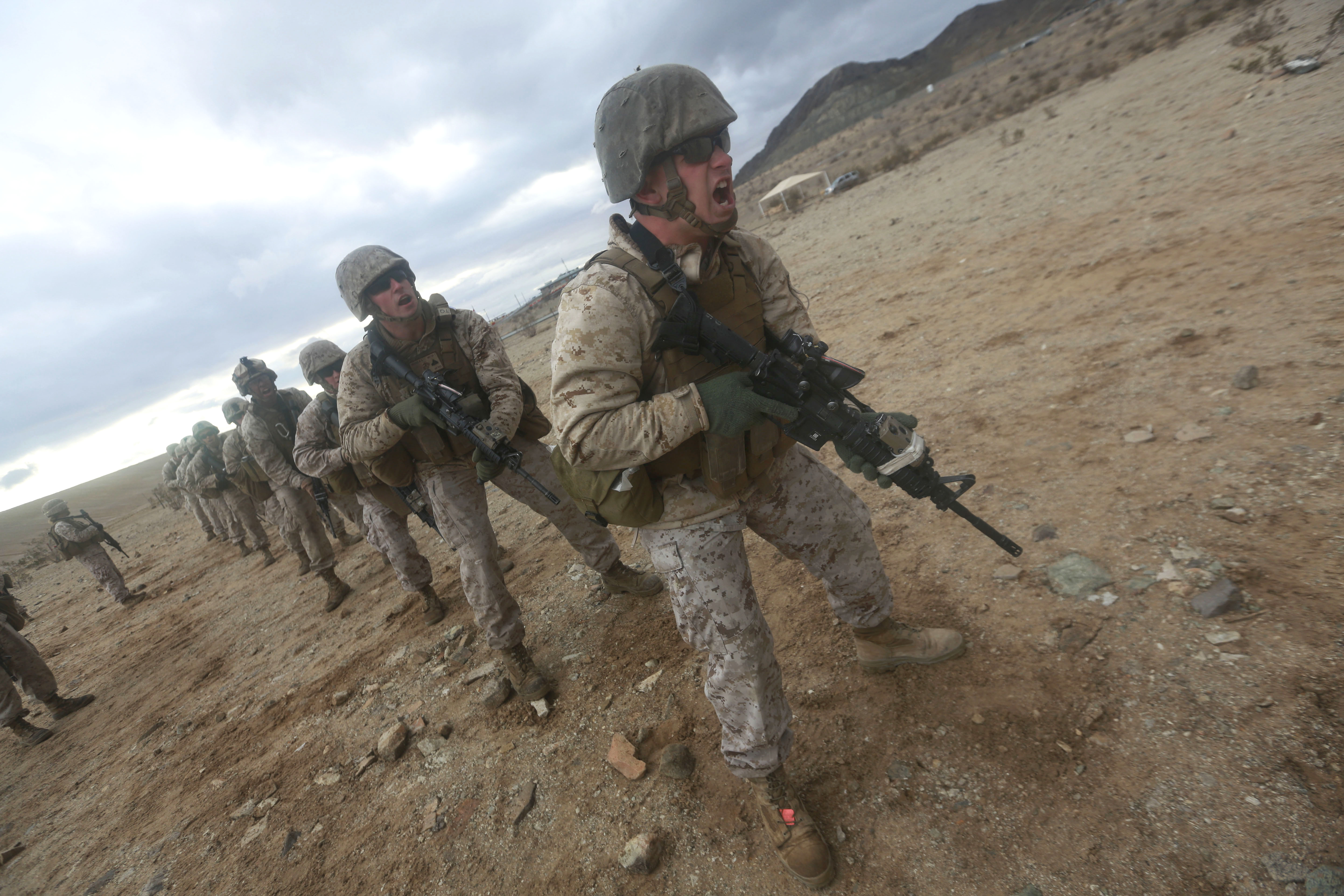 Marines practice rifle drills during the Integrated Training Exercise 2