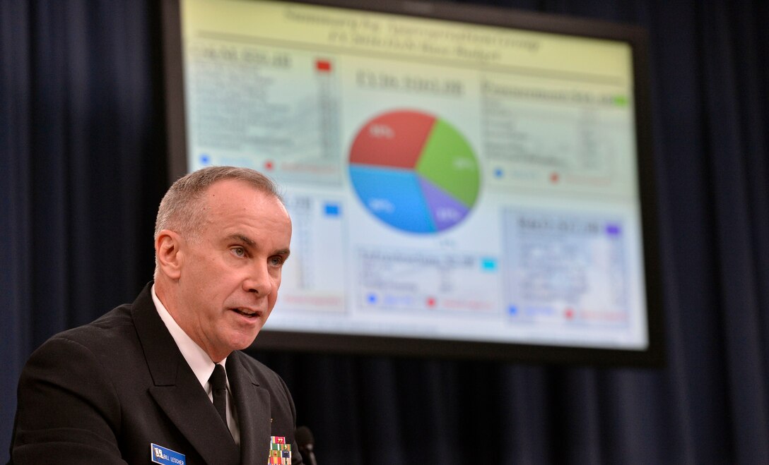 Navy Rear Adm. William K. Lescher, deputy assistant Secretary of the Navy for Budget, outlines the Navy's budgetary goals under the president's fiscal year 2016 defense budget proposal during a news conference at the Pentagon, Feb. 2, 2015.