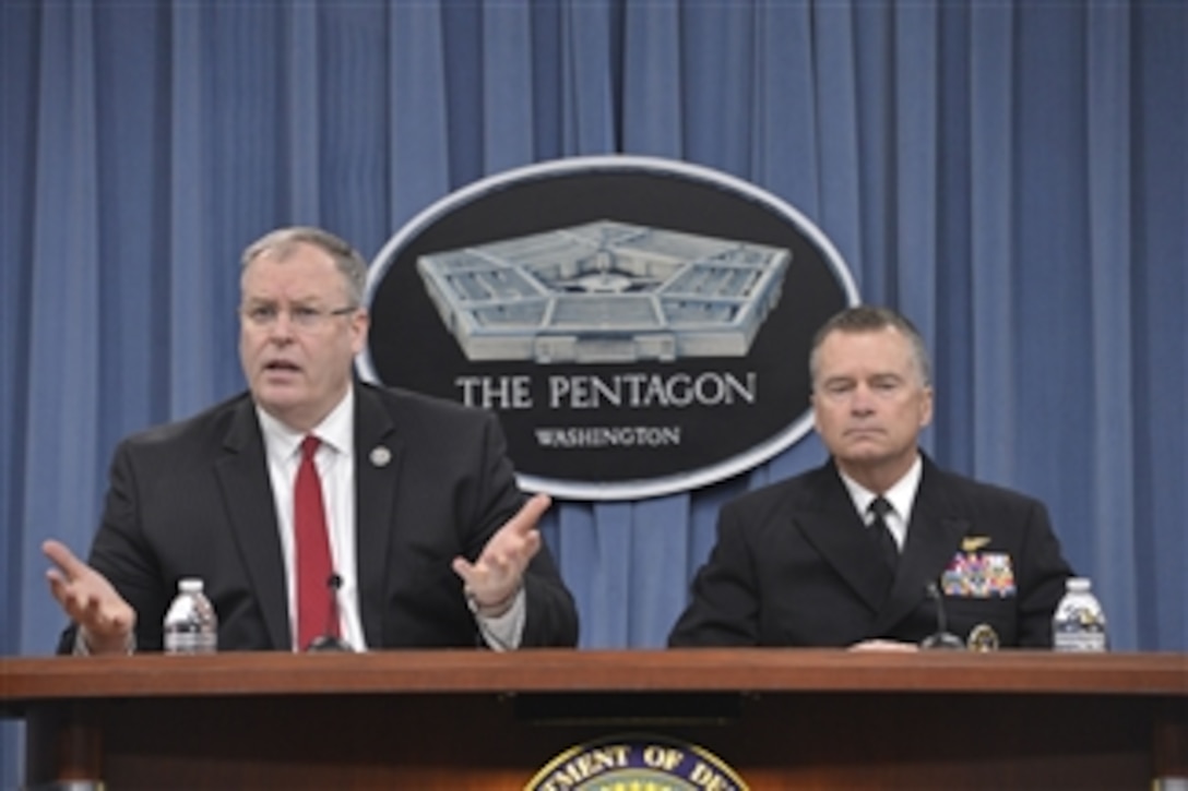 Deputy Defense Secretary Bob Work and Navy Adm. James A. Winnefeld Jr., vice chairman of the Joint Chiefs of Staff, discuss the president’s fiscal year 2016 budget request during a news conference at the Pentagon, Feb. 2, 2015. 