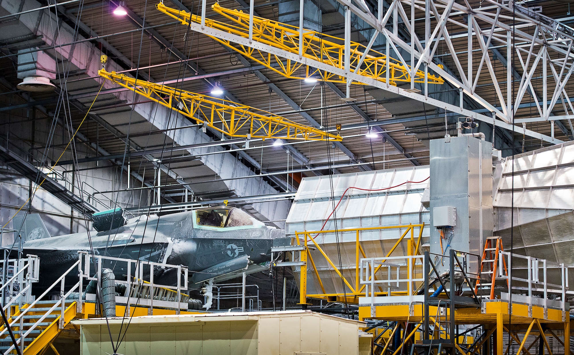 An F-35 endures freezing temperatures in the 96th Test Wing's McKinley Climatic Laboratory at Eglin Air Force Base, Fla., Jan. 27.  The joint strike fighter has undergone four months of climate testing in the lab to certify the fleet to deploy to any corner of the world.  (U.S. Air Force photo/Samuel King Jr.)