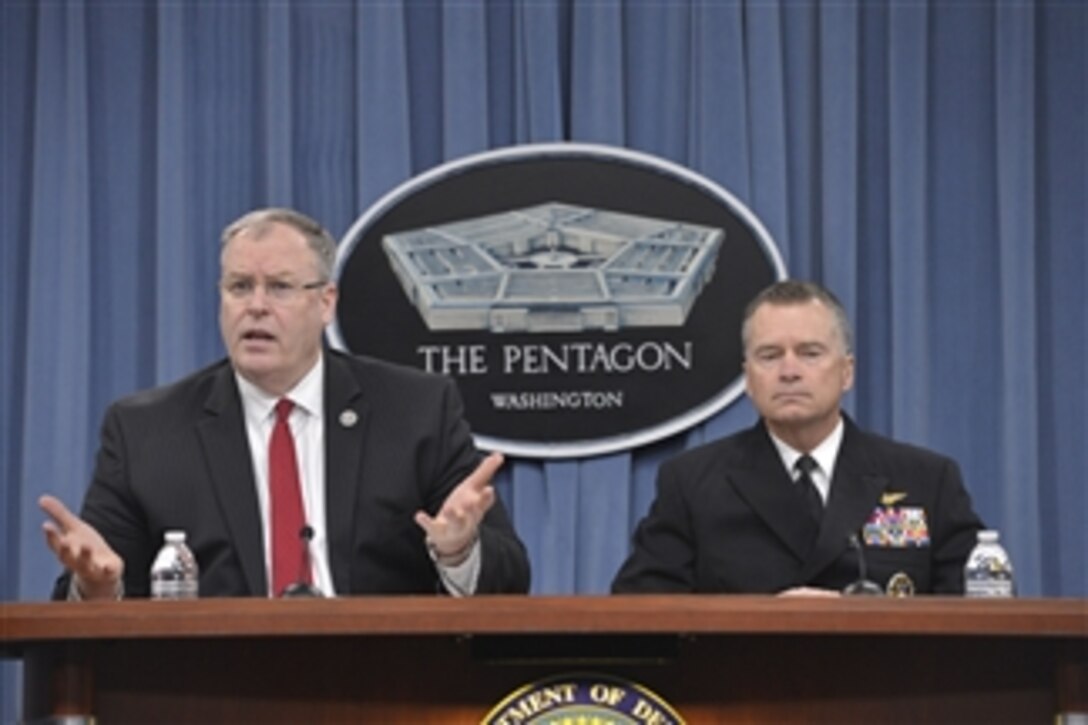 Deputy Defense Secretary Bob Work and Navy Adm. James A. Winnefeld Jr., vice chairman of the Joint Chiefs of Staff, discuss the president’s fiscal year 2016 budget request during a news conference at the Pentagon, Feb. 2, 2015. 