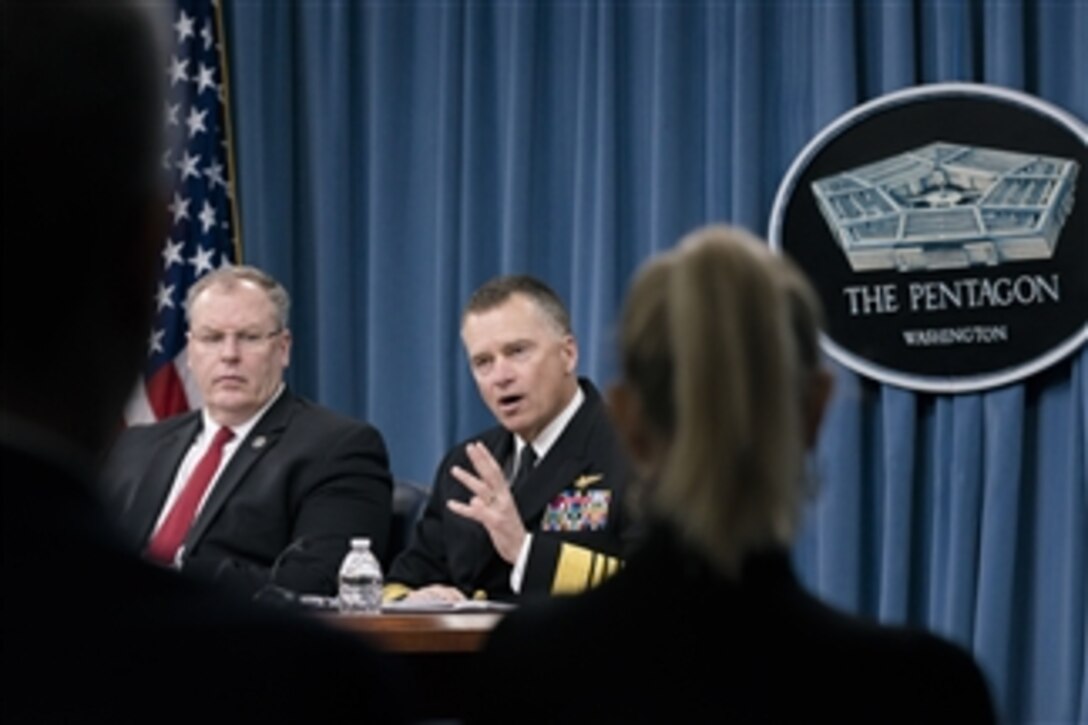 Deputy Defense Secretary Bob Work and Navy Adm. James A. Winnefeld Jr., vice chairman of the Joint Chiefs of Staff, discuss the president’s fiscal year 2016 budget request during a news conference at the Pentagon, Feb. 2, 2015. 
