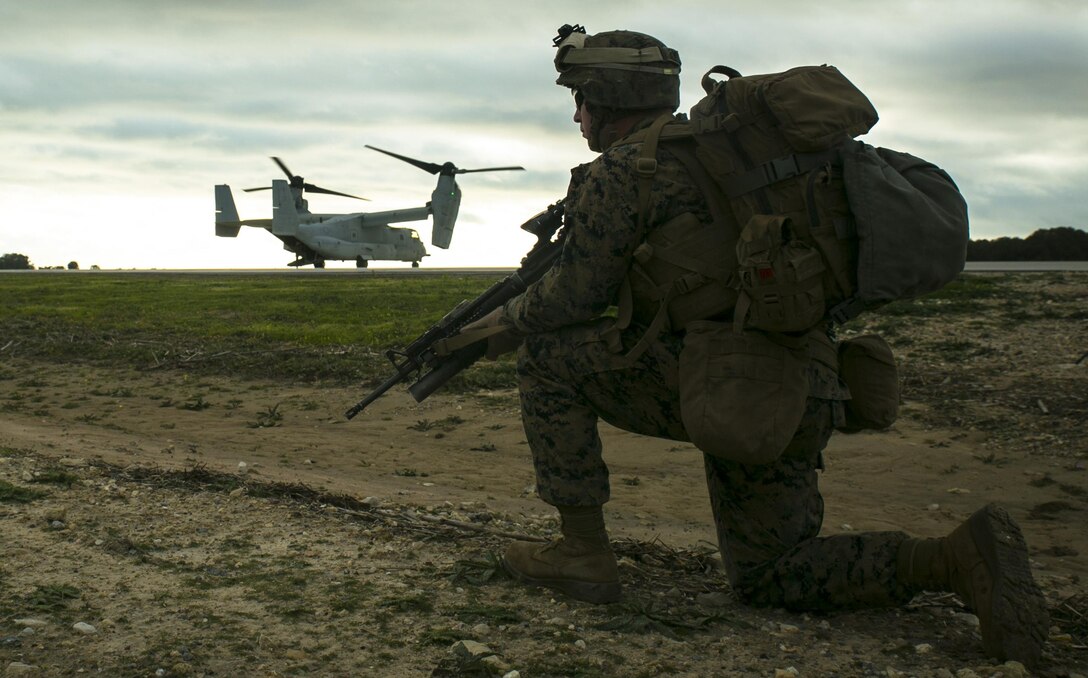A Marine with Special-Purpose Marine Air-Ground Task Force Crisis Response – Africa secures a landing zone during an alert-force drill at Rota Air Base, Spain, Jan. 29, 2015. SPMAGTF-CR-AF launched a platoon of Marines to complete a casualty evacuation mission passed down to the alert force with no prior knowledge of the mission’s details. (U.S. Marine Corps photo by Sgt. Paul Peterson/Released)