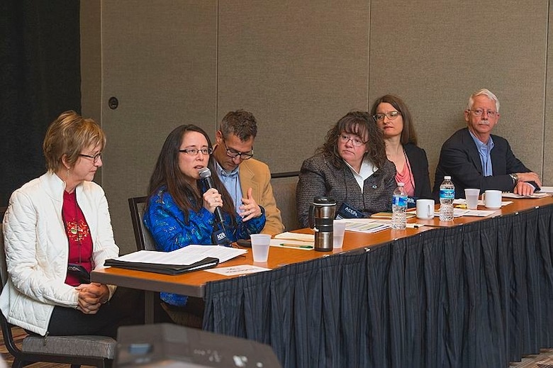 The Integrating Ecosystem Services into Federal Resource Management and Planning panel, featuring – from left to right – Ms. Sally Collins (Rights and Resources Initiative), Ms. Janet Cushing (CEIWR), Mr. Ted Maillett (USFWS), Ms. Tracy Rouleau (NOAA), Ms. Nikola Smith (USFS), and Mr. Rob Winthrop (BLM). 