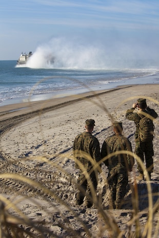 Marines watch as a U.S. Navy Landing Craft Air Cushion prepares to depart the shore of Onslow Beach, Camp Lejeune, N.C., Feb. 9. Second Marine Expeditionary Brigade Marines and sailors conducted beach landings during Exercise Bold Alligator. Bold Alligator is the largest naval amphibious exercise in the past 10 years and represents the Navy and Marine Corps revitalization of the full range of amphibious operations.