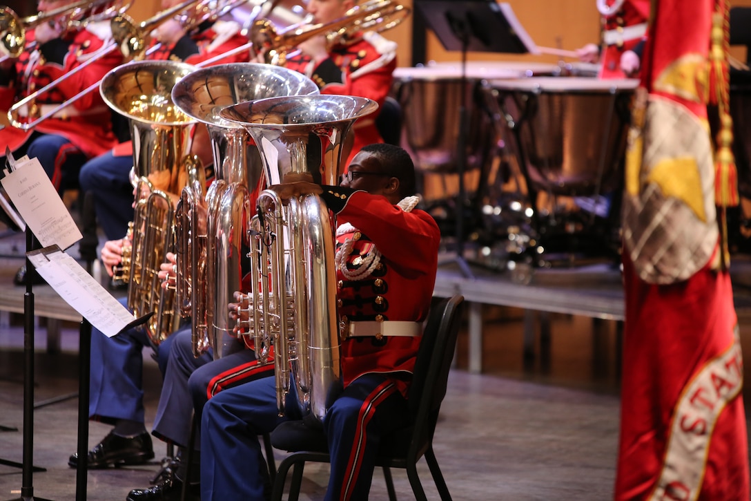 On Feb. 1, 2015, the Marine Band performed a concert titled "Master Class" at the Rachel M. Schlesinger Concert Hall at the Northern Virginia Community College in Alexandria. The program included music by Paul Hindemith, Zoltan Kodaly, Carl Orff, and David Maslanka. (U.S. Marine Corps photo by Master Sgt. Kristin duBois/released)