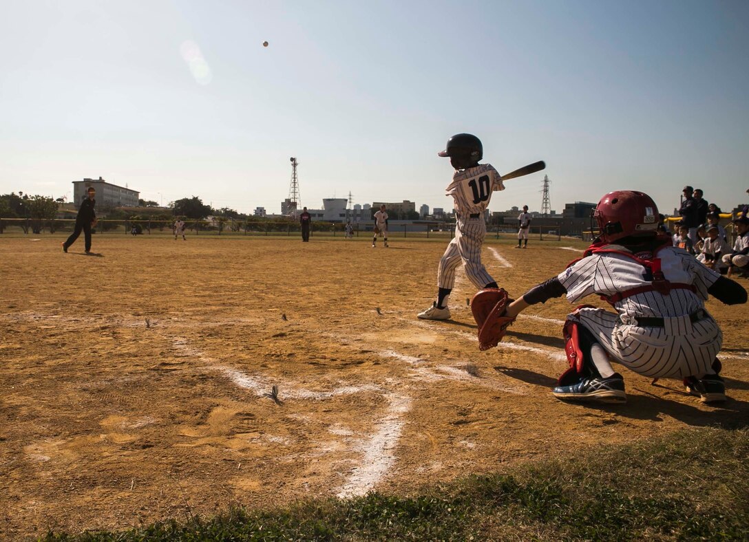 Keiichi Hirano, left, a Japanese major league baseball player pitches to a local kid during a friendly game at a baseball clinic Jan. 24 on Camp Kinser. This was the first baseball clinic held on Camp Kinser. Approximately 50 Japanese and American children participated in the event. The clinic consisted of Hirano teaching fundamental skills and techniques followed by a game. The day ended with prizes, lunch and a cake for all who participated. Hirano is with the Orix Buffaloes. 