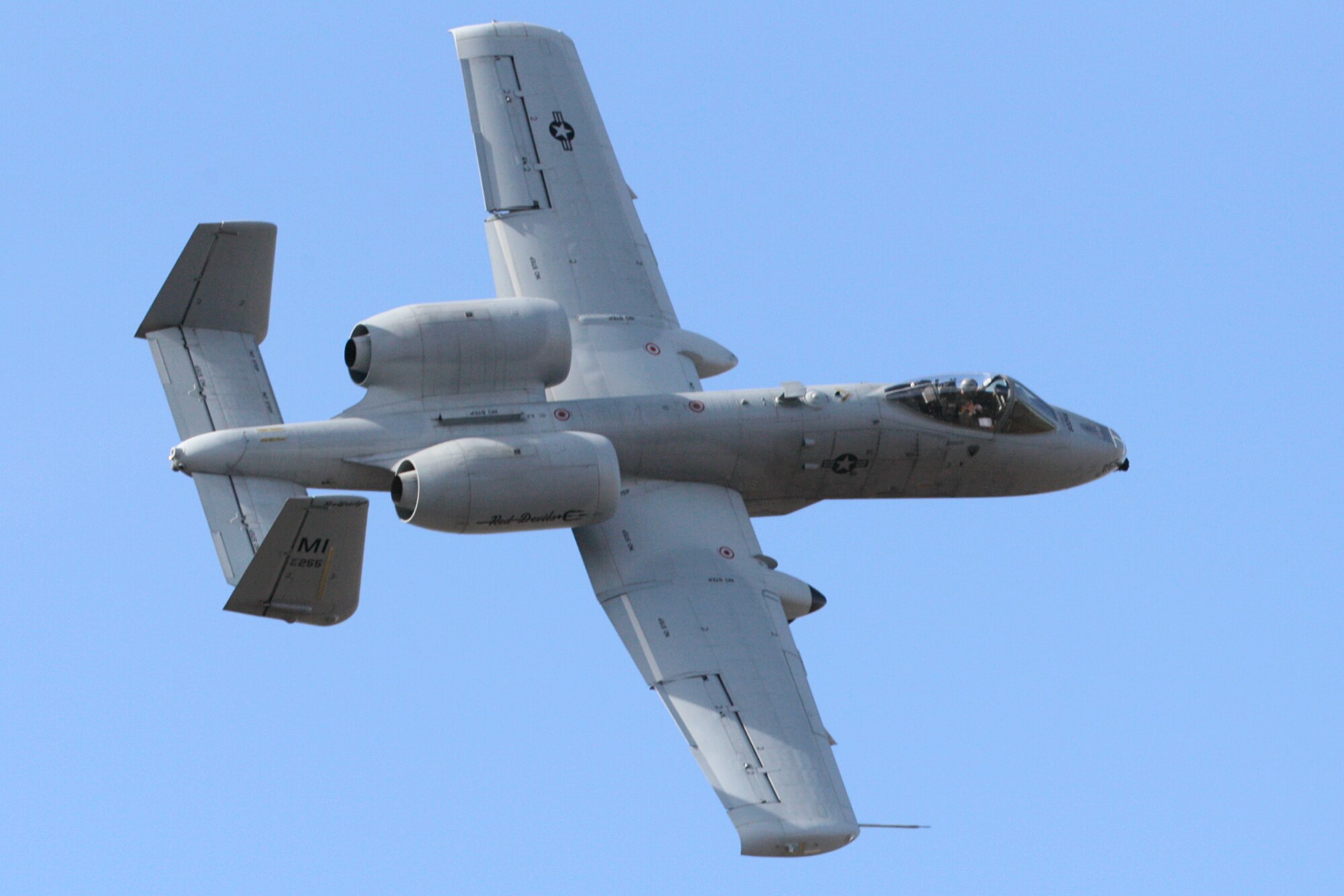 An A-10 Thunderbolt II, flown by the 107th Fighter Squadron, flies over the Barry M. Goldwater Air Force Range, west of Tucson, Ariz., on a training mission on Feb. 2, 2015. The 107th and supporting elements from the 127th Wing, Michigan Air National Guard, is on a two-week training exercise at nearby Davis-Monthan Air Force Base, Ariz. (U.S. Air National Guard photo by Tech. Sgt. Dan Heaton)