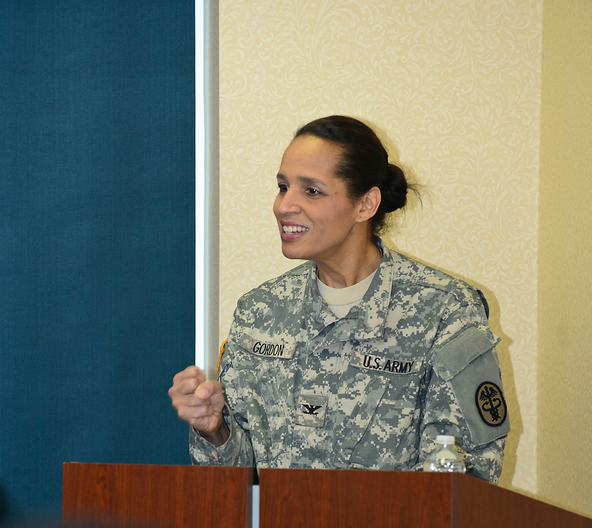 U.S. Army Col. Vinette E. Gordon, Army Nurse Corps deputy chief, speaks during a ceremony celebrating the ANC’s 114th birthday at Fort Eustis, Va., Feb. 2, 2015. During her speech, Gordon spoke on the courage and change within the ANC. (U.S. Air Force photo by Senior Airman Kimberly Nagle/Released)