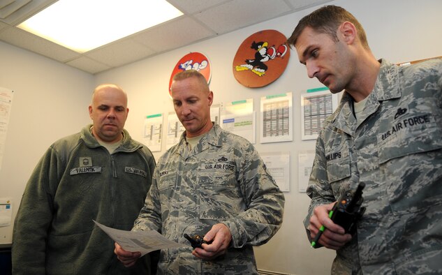 Senior NCO of the Year: Senior Master Sgt. Eric Burke (center), 334th Aircraft Maintenance Unit superintendent, reviews the 334th AMU’s weekly schedule with Senior Master Sgt. Frank Valentik, 334th AMU lead production superintendent, and Master Sgt. Richard Phillips, 334th AMU production superintendent, at Seymour Johnson Air Force Base, North Carolina, Jan. 29, 2015. "Knowing we are defending freedom with an aging fleet and less people and money, makes it more important to take care of our best weapon, our Airmen." (U.S. Air Force photo/Senior Airman Ashley J. Thum)