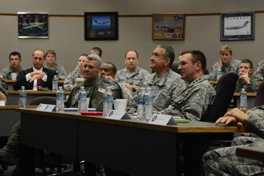 (From right) U.S. Air Force Lt. Gen. Joseph L. Lengyel, vice chief of the National Guard Bureau, U.S. Army Maj. Gen. Stephen Danner, adjutant general of the Missouri National Guard, and U.S. Air Force Maj. Gen. Brian G. Neal, special assistant to the director, Air National Guard, for international affairs, listen to a briefing at Rosecrans Air National Guard Base, Mo., Jan. 29, 2015. The generals attended the 33rd Annual Tactics and Intelligence Symposium hosted by the Advanced Airlift Tactics Training Center. (U.S. Air National Guard photo by Tech. Sgt. Michael Crane/Released)