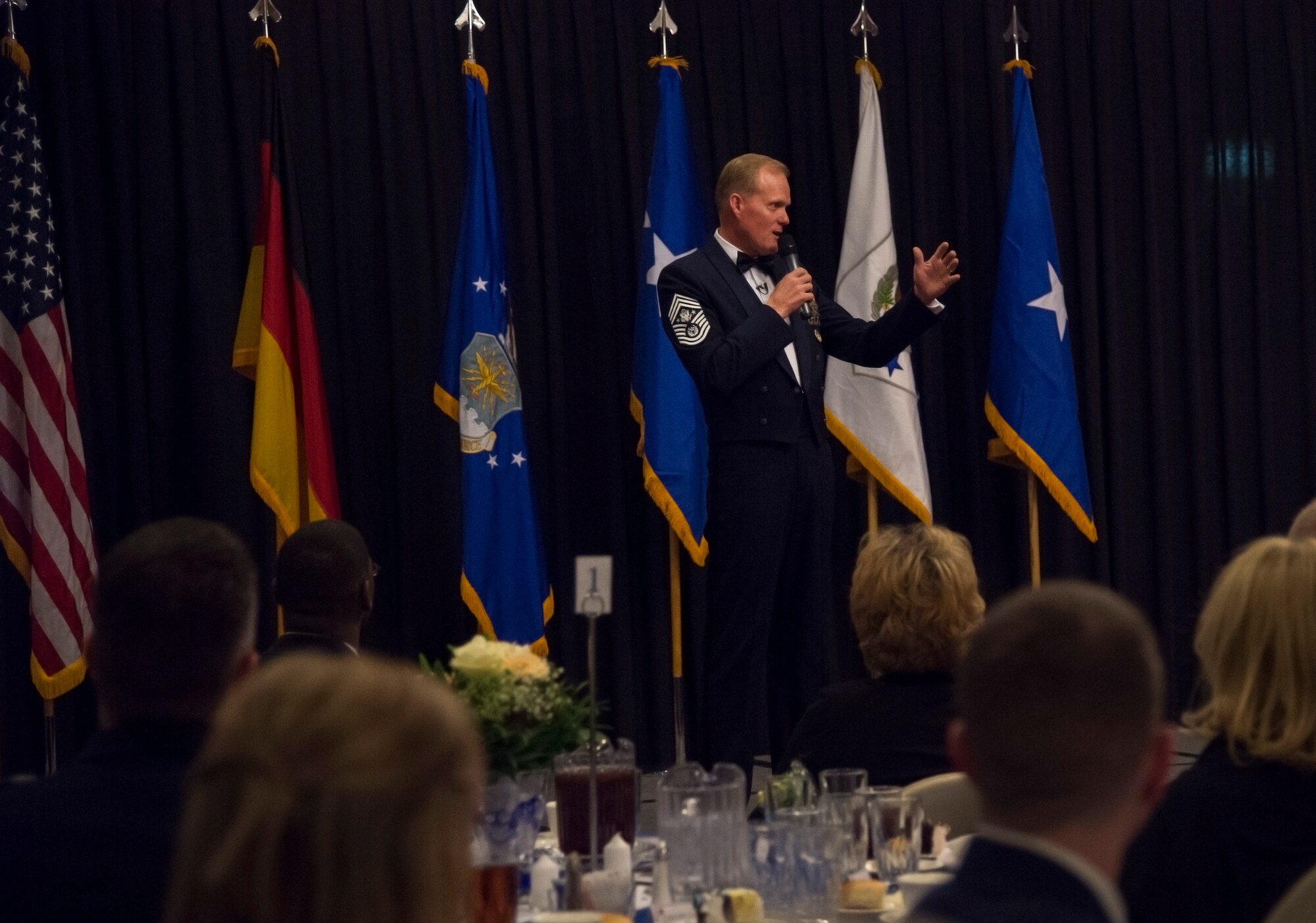 Chief Master Sgt. of the Air Force James A. Cody speaks with the audience during a chief recognition ceremony at Ramstein Air Base, Germany, Jan. 30, 2015. In his speech Cody congratulated the newly-selected chief master sergeants on their career accomplishment. He also asked them to reflect on the Air Force’s history and to be prepared to continue leading the Air Force into the future. (U.S. Air Force photo/Senior Airman Damon Kasberg)