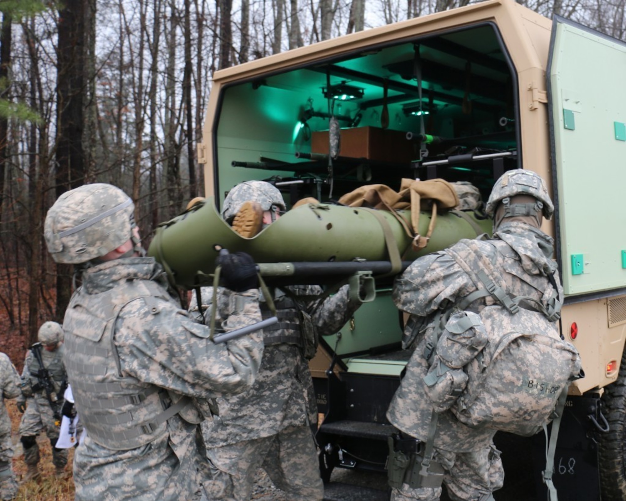 Virginia Army National Guard Soldiers from the Charlottesville-based Company C, 429th Brigade Support Battalion and the Winchester-based 3rd Battalion, 116th Infantry Regiment, 116th Infantry Brigade Combat Team joined Soldiers from the 75th and 78th Training Division, U.S. Army Reserve, First Army Division-East, 1st Medical Training Brigade, 101st Airborne Division and Sailors from the Expeditionary Medical Facility, U.S. Navy Reserve to participate in Warrior Exercise Arctic Lightning Jan. 24, 2015, at Fort A.P. Hill, Va. (U.S. Army National Guard photo by Capt. Andrew J. Czaplicki/Released)