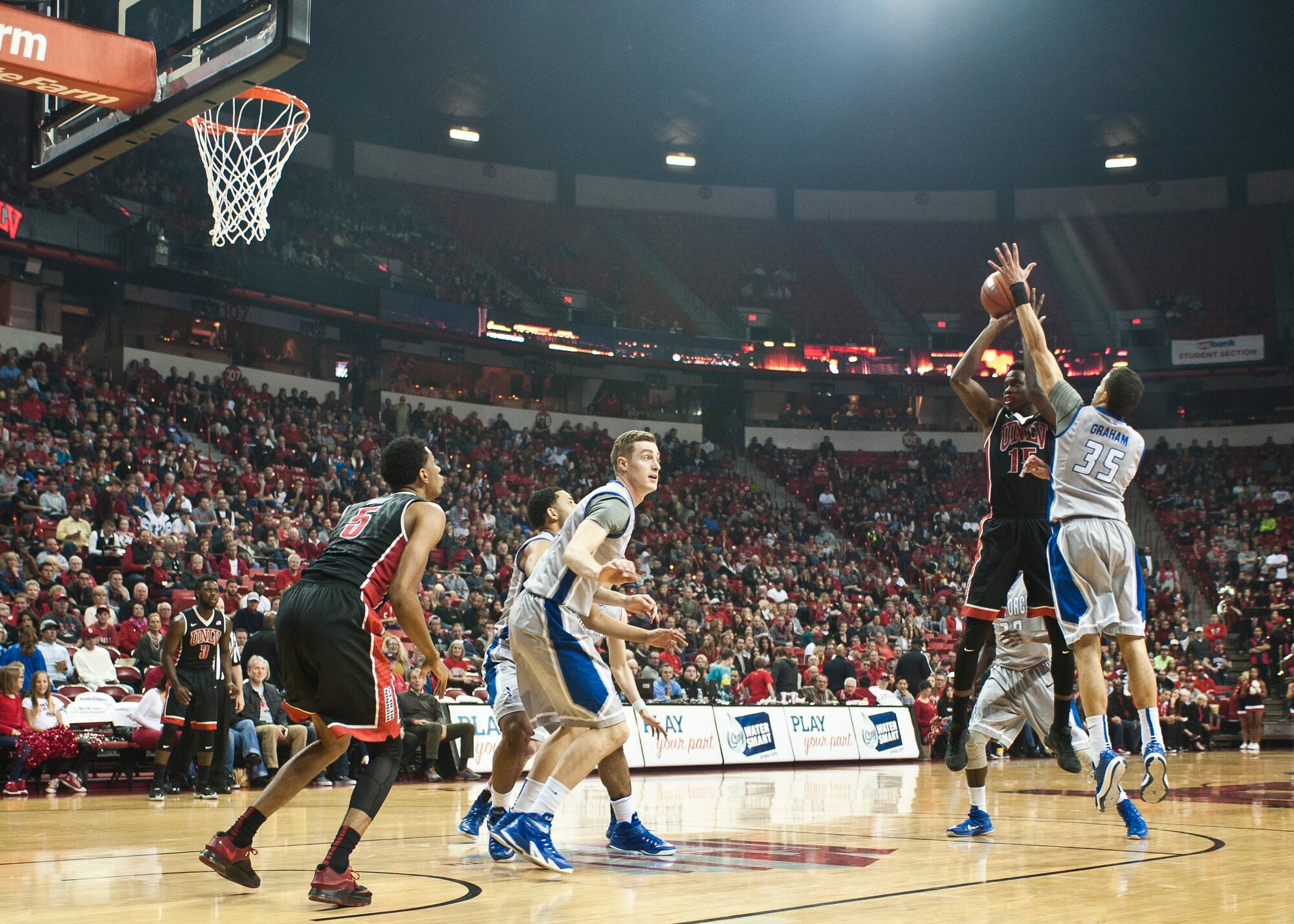 University of Nevada-Las Vegas forward Dwayne Morgan rises for a shot during a game against the Air Force Academy at the Thomas and Mack Center in Las Vegas, Jan. 31, 2015. UNLV defeated Air Force 74-63 and will meet the Falcons again Feb. 14 in Colorado Springs, Colo. (U.S. Air Force photo by Staff Sgt. Siuta B. Ika)