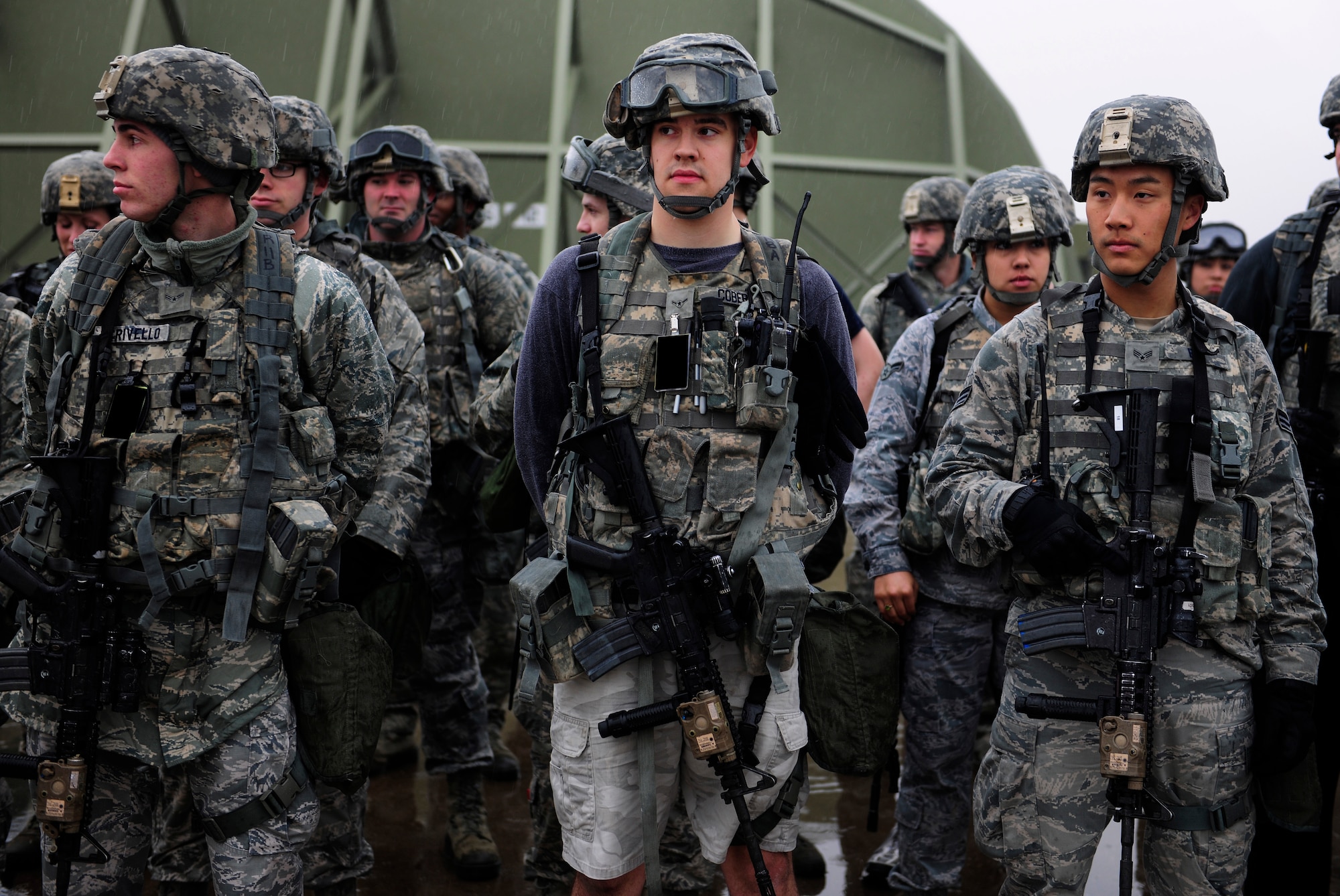 Members of the 39th Security Force Squadron security response team stand in formation after being subject to a no-notice recall during a base-wide exercise Jan. 28, 2015, at Incirlik Air Base, Turkey. The Airmen recieved a briefing on how well they responded to the exercise and areas in need of improvement. (U.S. Air Force photo by Senior Airman Krystal Ardrey/Released)
