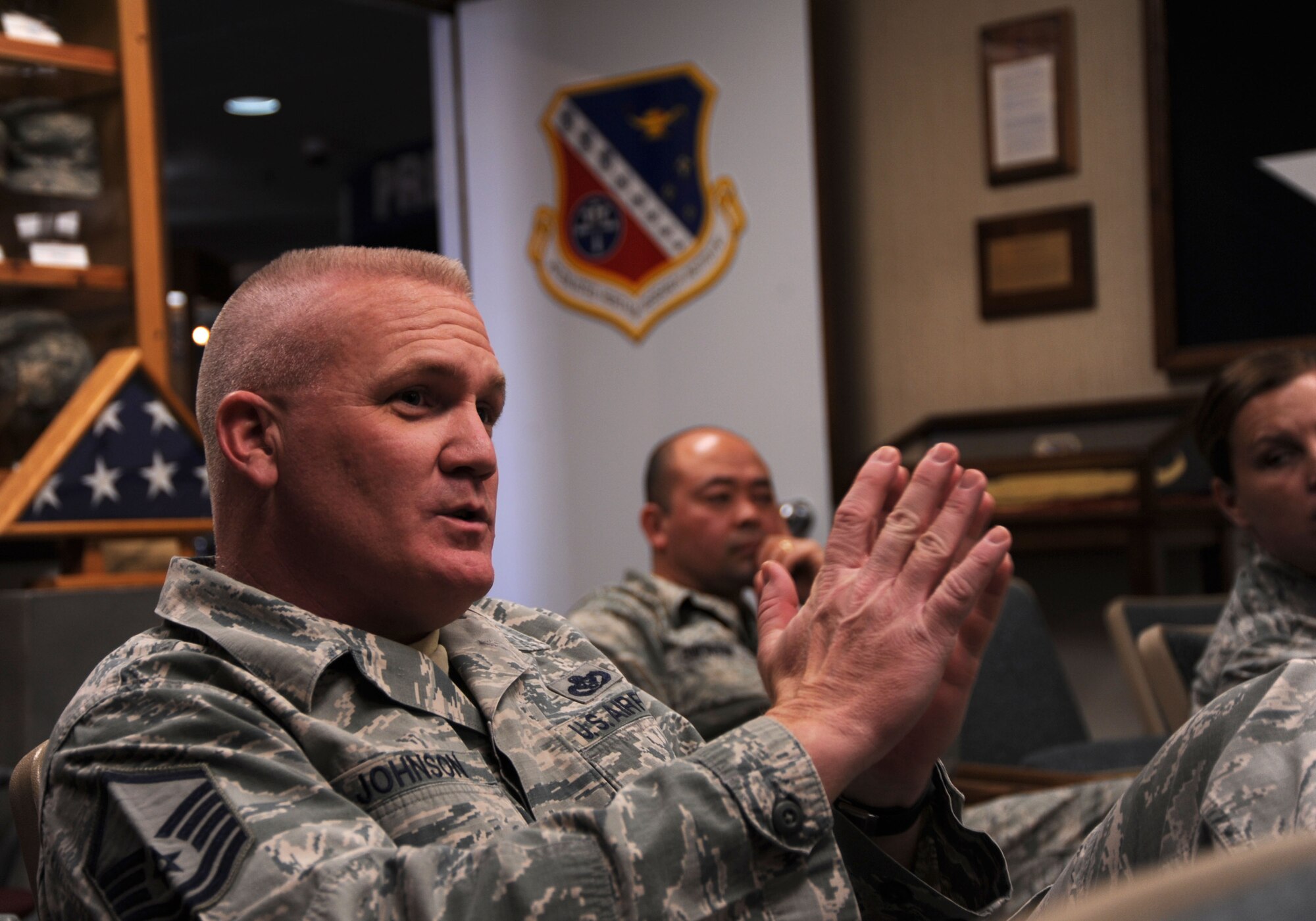 Master Sgt. Gabriel Johnson, superintendent of fire emergency services, shares his input at the Senior Non-Commissioned Officers Forum and Social at the Enlisted Heritage Hall at Maxwell-Gunter Air Force Base, Ala., Jan. 29, 2015. The forums are a venue for SNCOs to share with and inform each other on enlisted issues. One of the topics discussed during the forum was the new enlisted performance report process. (U.S. Air Force Base photo by Airman 1st Class Alexa Culbert/Cleared)