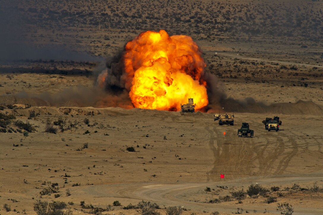 An M58 mine clearing line charge explodes during Integrated Training Exercise 2-15 at the Marine Corps Air Ground Combat Center in Twentynine Palms, Calif., Feb. 1, 2015. 