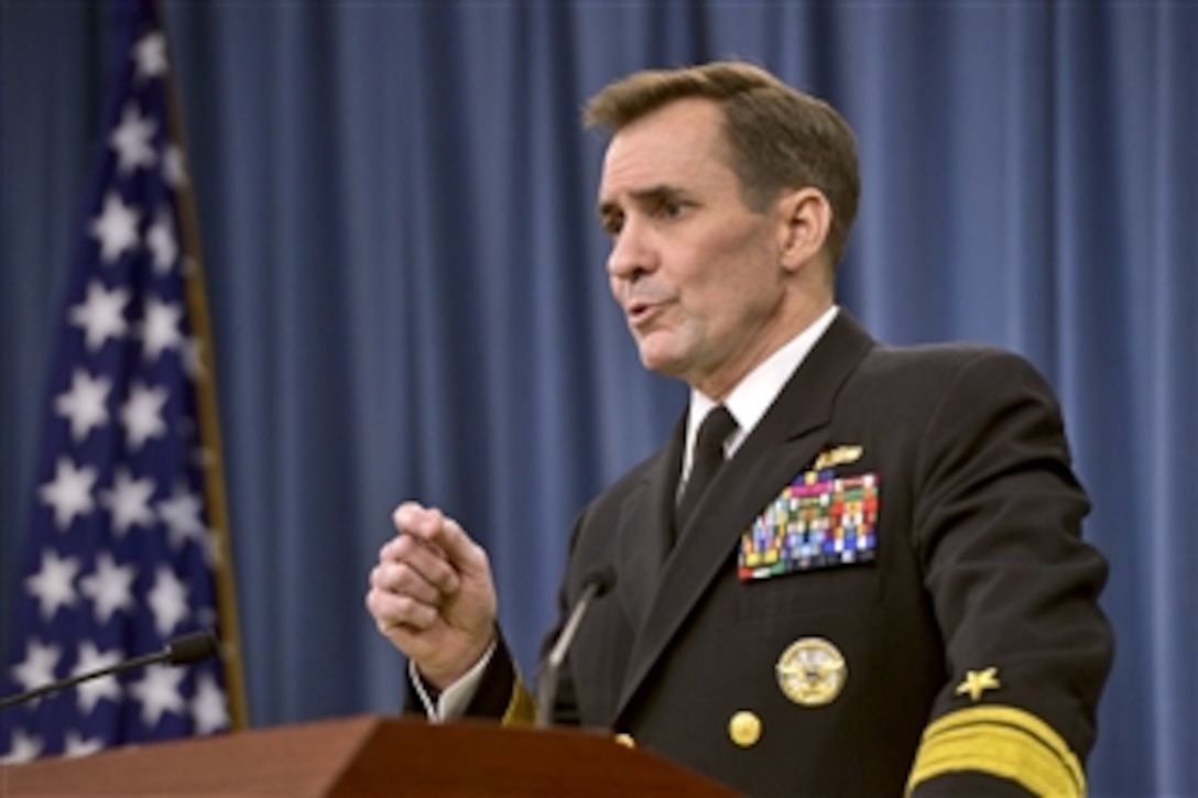 Pentagon Press Secretary Navy Rear Adm. John Kirby briefs reporters at the Pentagon, Feb. 3, 2015. Kirby provided an update on the ongoing fight against  the Islamic State of Syria and the Levant, or ISIL. He also read a statement from Defense Secretary Chuck Hagel, expressing his condolences to the family of Jordanian air force fighter pilot 1st Lt. Muath al-Kaseasbeh and fellow Jordanian citizens for the pilot's murder by ISIL militants. 