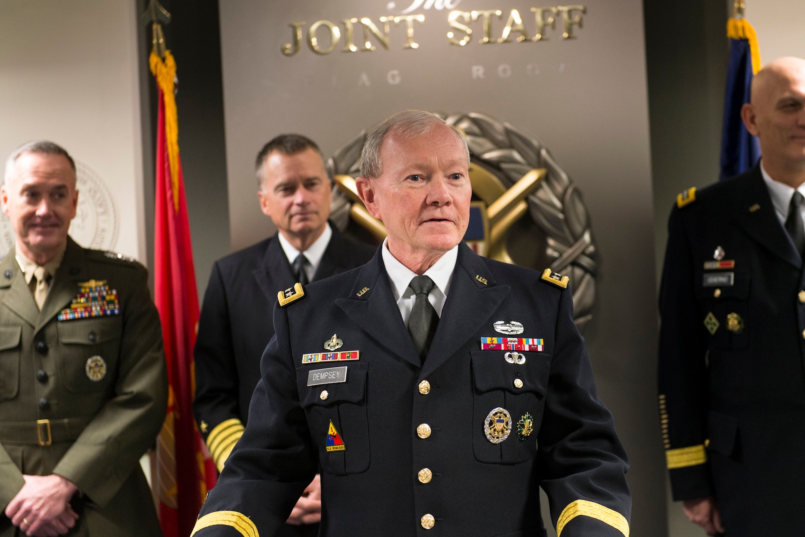 Chairman of the Joint Chiefs of Staff Gen. Martin E. Dempsey and the Joint Chiefs of address leaders of veteran organizations prior to signing a "28-star" letter during a Commitment to Service ceremony in the Pentagon, Feb. 2, 2015. The letter is written for veterans, who have served in uniform since 9/11, to embrace their transition into civilian life and to build upon their experiences while seeking new ways to serve their communities. 