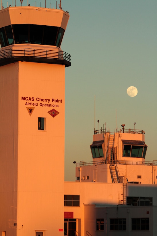 The Air Traffic Control Tower reflects the setting sun light at Marine Corps Air Station Cherry Point, N.C., Feb. 2, 2015. 
The ATC directs air traffic across a large portion of Eastern North Carolina and recently assumed responsibility for a larger area surrounding the air station from Washington Center. 
Cherry Point is home to 2nd Marine Aircraft Wing and several of its squadrons. Its runways operate 24/7, 365 days each year, and the air station hosts squadrons that specialize in air-to-ground attack support; heavy helicopter lift and transport; electronic warfare; aerial transport and refueling; and sea and land search and rescue.