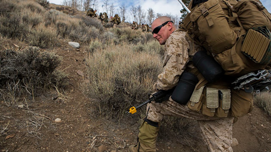 U.S. Marine Master Sgt. Jason D. Giles with Combat Logistics Battalion 26, 2nd Marine Logistics Group, checks the rear during their tactical movement at the U.S. Marine Corps Mountain Warfare Training Center Bridgeport, Calif., Feb. 1, 2015. MWTC trains Marines across the warfighting functions for operations in mountainous, high altitude, and cold weather environments in order to enhance a unit's ability to shoot, move, communicate, sustain, and survive in mountainous regions of the world. (U.S. Marine Corps photo by Sgt. Anthony L. Ortiz/Released)