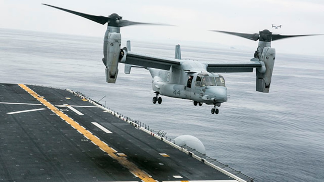 U.S. Marine MV-22 Osprey from Medium Tilt-Rotor Squadron 262, 31st Marine Expeditionary Unit, comes in for landing during flight deck operations aboard the USS Bonhomme Richard, at sea, Feb. 2, 2015. Flight operations allow the sailors and Marines to properly and safely land and launch aircraft aboard the ship. (U.S. Marine Corps photo by Lance Cpl. Brian Bekkala/Released)