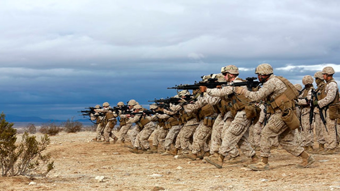 U.S. Marines with Combat Logistics Detachment 1, Combat Logistics Battalion 13, 1st Marine Logistics Group, practice "combat gliding" during Integrated Training Exercise 2-15 at Camp Wilson on Twentynine Palms, Calif., Jan. 31, 2015. ITX 2-15, executed by Special Purpose Marine Air Ground Task Force 4, is conducted to enhance the integration and warfighting capability of all elements of the Marine Air Ground Task Force. (U.S. Marine Corps photo by Lance Cpl. Kathryn Howard, 1st Marine Logistics Group Combat Camera/Released)
