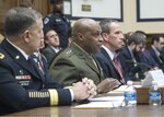 DIA Director Marine Lt. Gen. Vincent Stewart, center, testified before the House Armed Services Committee Feb. 3 about worldwide threats. Stewart joined Army Lt. Gen. William Mayville, Joint Staff director for operations, and Mark Chandler, acting director for intelligence for the Joint Staff, for the open and closed sessions.