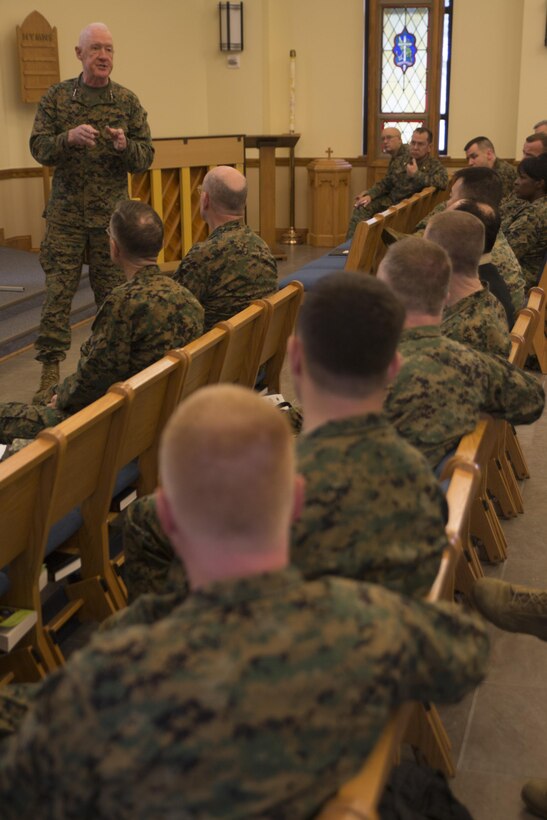 Lt. Gen. Richard P. Mills, commander of Marine Forces Reserve, speaks at the MARFORRES annual training for religious ministry teams aboard Naval Air Station Joint Reserve Base New Orleans, Feb. 3, 2015. During his speech, Mills shared stories of how he has witnessed chaplains having a positive influence on Marines throughout his career. Chaplains enhance mission readiness of Marines by creating more resilient personnel and families and strengthening the spiritual wellbeing of individual Marines. (U.S Marine Corps photo by Lance Cpl. Ian Ferro)