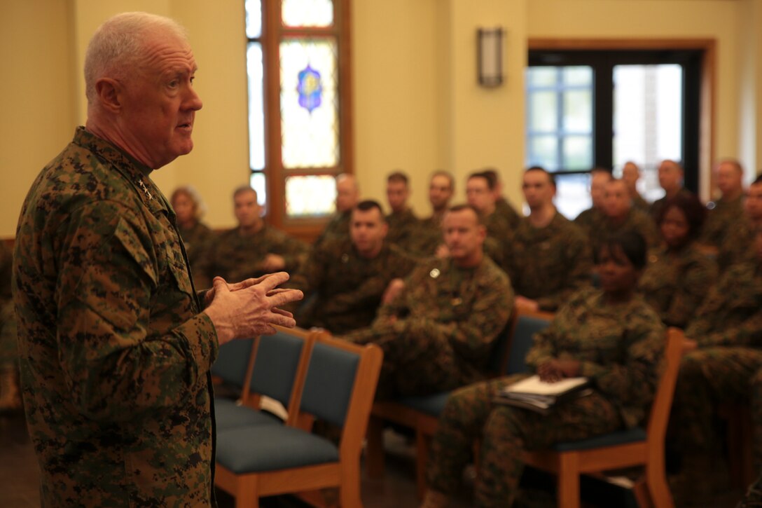 Lt. Gen. Richard P. Mills, commander of Marine Forces Reserve, welcomes religious ministry personnel to the MARFORRES four-day annual training for religious ministry teams aboard Naval Air Station Joint Reserve Base New Orleans, Feb. 3, 2015. During the training, attendees focus on adapting their work to the Marine Corps way of life and increasing their individual operational readiness. Chaplains enhance mission readiness of Marines by creating more resilient personnel and families and strengthening the spiritual wellbeing of individual Marines. (U.S Marine Corps photo by Lance Cpl. Ian Ferro)