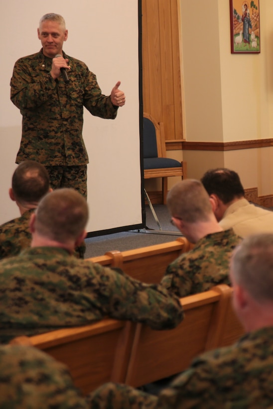 Navy Cmdr. Steve Bartell, deputy force chaplain for Marine Forces Reserve, hosts the MARFORRES annual training for religious ministry teams aboard Naval Air Station Joint Reserve Base New Orleans, Feb. 3, 2015. During the four-day annual training, the teams focus on adapting their work to the Marine Corps way of life and increasing their individual operational readiness. Chaplains enhance mission readiness of Marines by creating more resilient personnel and families and strengthening the spiritual wellbeing of individual Marines. (U.S Marine Corps photo by Lance Cpl. Ian Ferro)