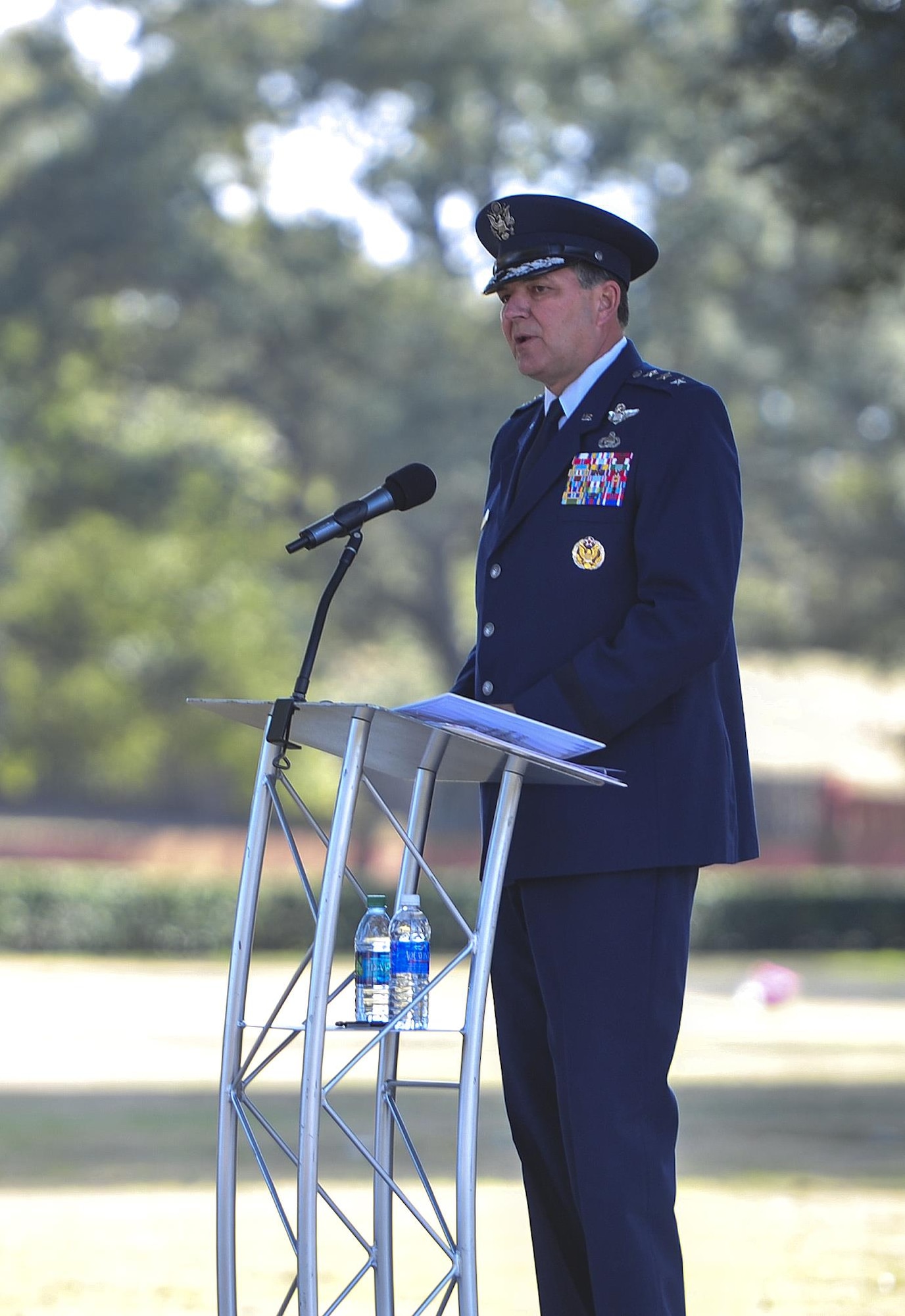 Lt. Gen. Brad Heithold, Air Force Special Operations Command commander, speaks about the mission of Spirit 03 during a remembrance ceremony at Barrancas National Cemetery on Naval Air Station Pensacola, Fla., Jan. 31, 2015. Losing Spirit 03 and its crew members was the largest single loss by any Air Force unit during Operation Desert Storm. (U.S. Air Force photo/Airman 1st Class Jeff Parkinson)