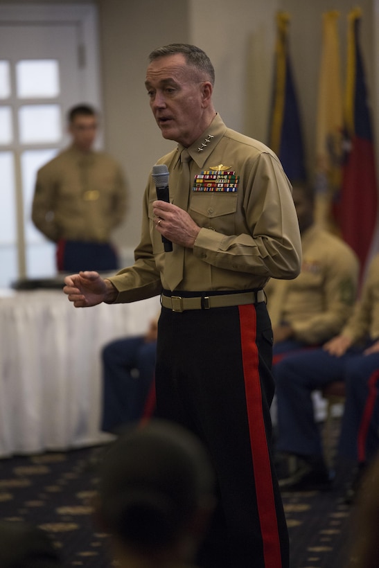 The Commandant of the Marine Corps, Gen. Joseph F. Dunford Jr., addresses the audience at the Commandant of the Marine Corps 2014 Combined Awards Ceremony in Quantico, Va., Jan. 29, 2015. The ceremony recognized superior recruiters, drill instructors, combat Instructors, Marine security guards, career planners and Semper Fit male and female athletes of the year. Career planners play a critical role in retaining high quality Marines, an issue that the Commandant highlighted in his recently released planning guidance. (U.S. Marine Corps photo by Cpl. Gabrielle Quire/Released)