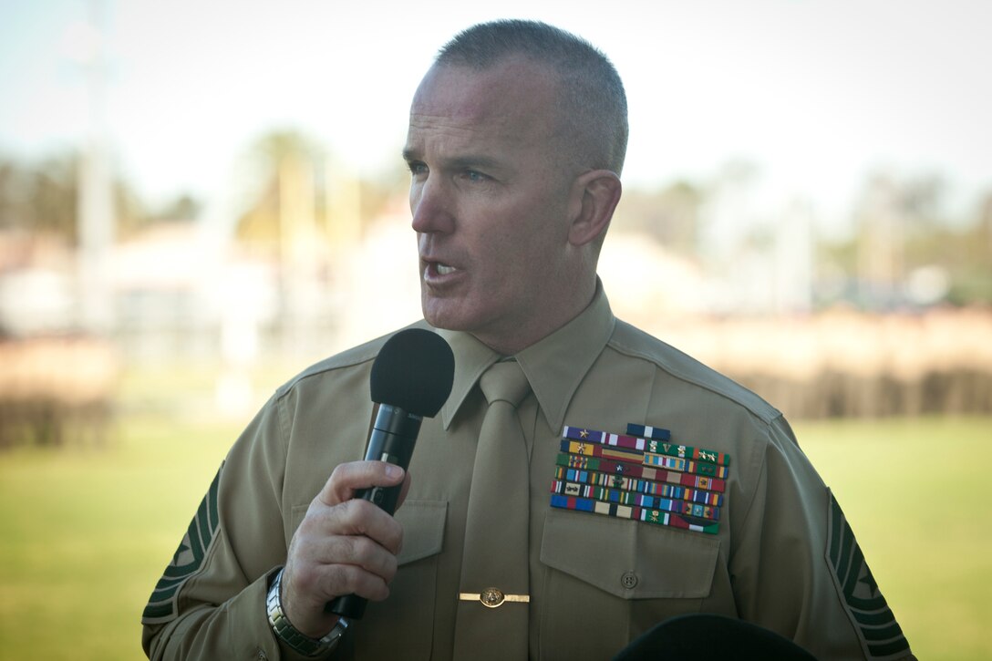 U.S. Marine Corps Sgt. Maj. Bradley A. Kasal speaks to the audience during the I Marine Expeditionary Force (I MEF) Sergeant Major Relief and Appointment ceremony aboard Camp Pendleton, Calif., Feb. 4, 2015. Sgt. Maj. Ronald L. Green stood relieved by Sgt. Maj. Bradley A. Kasal as the I MEF Sergeant Major. (U.S. Marine Corps photo by Sgt. Melissa Marnell, Combat Camera, MCIWEST-MCB CamPen/Released)
