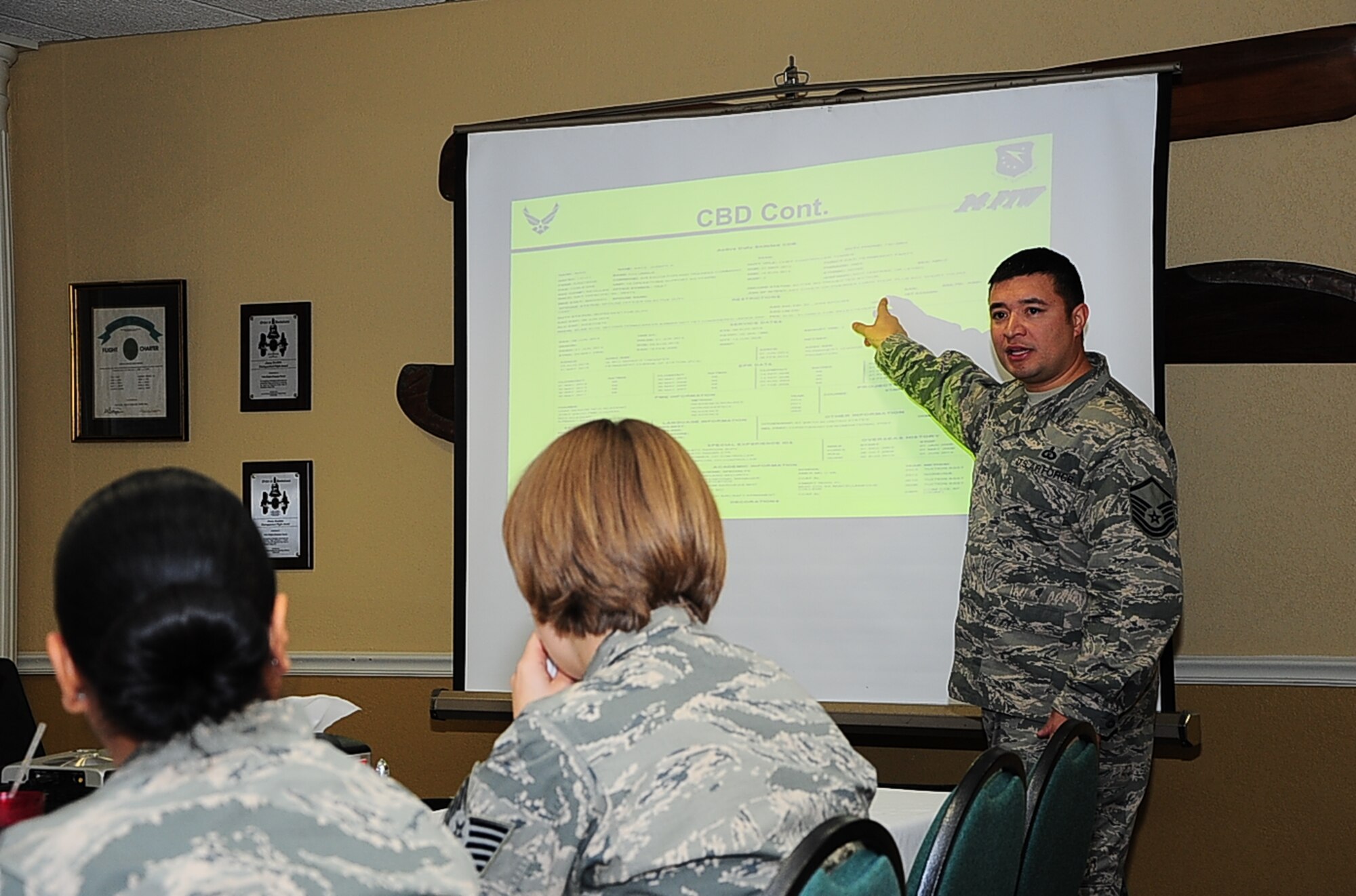 Master Sgt. Joseph Arce, 14th Operation Support Squadron Chief Controller and the leader of professional development in the Top 3, briefs the Lunch and Learn Jan. 30, 2015, at the Columbus Club. Arce briefed on topics relating to career progression, board evaluations and what Airmen need to be successful in achieving their next rank. (U.S. Air Force photo/Airman John Day)