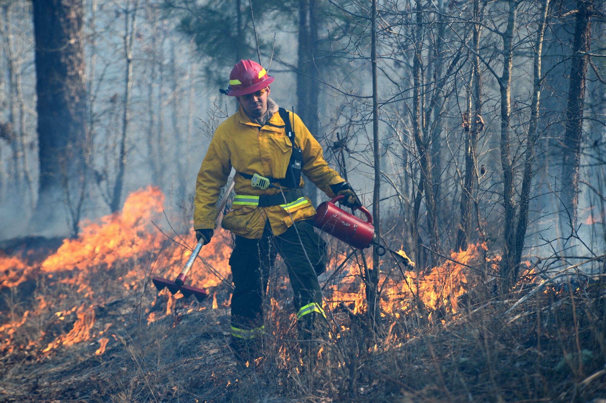 A U.S. Fish and Wildlife Service fire module detail member uses a kerosene drip torch during a prescribed burned at the Poinsett Electronic Combat Range, Sumter, S.C., Jan. 28, 2015.  Burning the dried brush throughout the range helps to prevent future uncontrolled fires that could cause severe damage. (U.S. Air Force photo by Senior Airman Jensen Stidham/Released) 